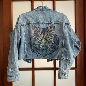 COPY - H&M CROPPED DENIM JACKET RHINESTONE CAT CUSTOM MADE RIPPED DENIM TAYLOR …